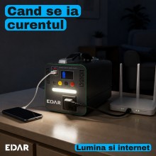 Statie de Alimentare Portabila EDAR, 192 Wh LiFePO4, 300 W, Priza 220 V, 2 x USB, Lampa LED, Incarcare Solara, pentru Camping...
