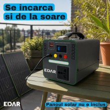 Statie de Alimentare Portabila EDAR, 192 Wh LiFePO4, 300 W, Priza 220 V, 2 x USB, Lampa LED, Incarcare Solara, pentru Camping...