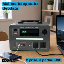 Statie de Alimentare Portabila EDAR, 576 Wh LiFePO4, 600 W, 2 Prize 220 V, 5 x USB si USB-C 36 W, Priza Auto 12 V, Incarcare ...