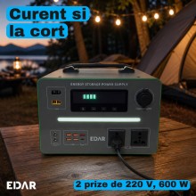 Statie de Alimentare Portabila EDAR, 576 Wh LiFePO4, 600 W, 2 Prize 220 V, 5 x USB si USB-C 36 W, Priza Auto 12 V, Incarcare ... Statie de Alimentare Portabila EDAR, 576 Wh LiFePO4, 600 W, 2 Prize 220 V, 5 x USB si USB-C 36 W, Priza Auto 12 V, Incarcare ...