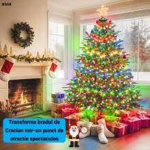 Instalatie Luminoasa de Craciun Tip Cascada EDAR, pentru Brad, 400 LED-uri Multicolor, 16 Fire x 2 m, Suport pentru Varf, 8 J...