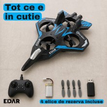 Avion de Lupta RC EDAR Fighter, Telecomanda 2.4 GHz, Spuma EPP, 4 Elice Protejate, Raza 40 m, Mentinere Altitudine, Rotiri 36...