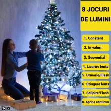 Instalatie Brad De Tip Cascada SIKS Cu Suport Pentru Varf, 400 LED-uri, 16 fire x 2 Metri Lungime, 8 Jocuri De Lumini, Pentru...
