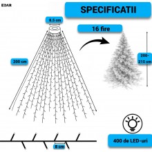 Instalatie Luminoasa de Craciun Tip Cascada EDAR, pentru Brad, 400 LED-uri Alb Rece, 16 Fire x 2 m, Suport pentru Varf, 8 Joc...