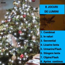 Instalatie Luminoasa de Craciun Tip Cascada EDAR, pentru Brad, 400 LED-uri Alb Rece, 16 Fire x 2 m, Suport pentru Varf, 8 Joc...