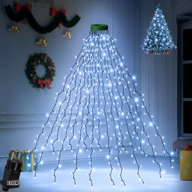 Instalatie Luminoasa de Craciun Tip Cascada EDAR, pentru Brad, 400 LED-uri Alb Rece, 16 Fire x 2 m, Suport pentru Varf, 8 Joc...