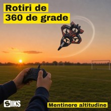 Avion RC Fighter cu Telecomanda SIKS, Drona cu 4 Elice Protejate in Aripi, 2.4 GHz, Raza 40 m, Zbor 6-8 Minute, Mentinere Alt...