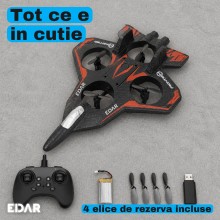 Avion RC Fighter cu Telecomanda EDAR, Drona cu 4 Elice Protejate in Aripi, 2.4 GHz, Raza 40 m, Zbor 6-8 Minute, Mentinere Alt...
