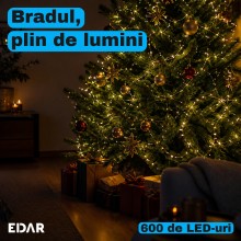Instalatie de Craciun EDAR Fairy Lights, 600 LED-uri Alb Cald, Fir Metalic de 30 m, 8 Jocuri de Lumini cu Telecomanda si Time...