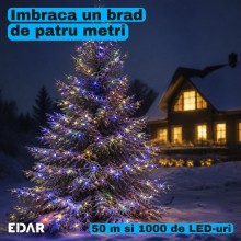 Instalatie De Craciun EDAR Fairy Light Pentru Interior / Exterior Sau Brad, 1000 Led-uri Culoare Multicolor, Lungime 50 Metri...