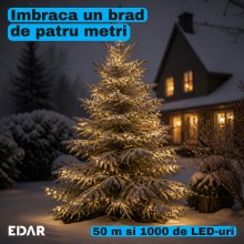 Instalatie De Craciun EDAR Fairy Light Pentru Interior / Exterior Sau Brad, 1000 Led-uri Culoare Alb Cald, Lungime 50 Metri, ...
