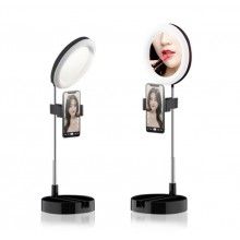 Lampa circulara rotunda EDAR® de machiaj, cu oglinda si suport telefon/accesorii, 64 leduri, negru