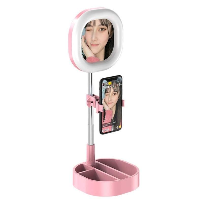 Lampa circulara patrata EDAR® de machiaj, cu oglinda si suport telefon/accesorii, 64 leduri, roz Lampa circulara patrata EDAR® de machiaj, cu oglinda si suport telefon/accesorii, 64 leduri, roz