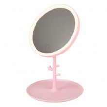 Oglinda SIKS® pentru machiaj, rotunda, cu lumini led, incarcare USB, roz