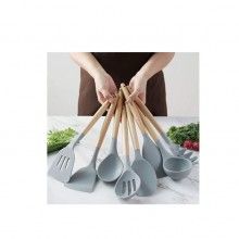 Ustensile gatit SIKS® bucatarie, 13 piese pentru gatit, antiaderente, silicon cu maner de lemn, gri/natur
