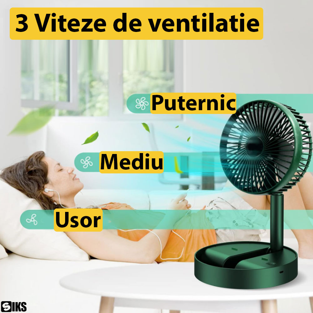 Ventilator Portabil SIKS De Birou Cu 3 Viteze, Pliabil, Inaltime Reglabila, Reglabil 180 Grade, Cu Suport Telefon, Incarcare USB, Motor Brushless, Silentios, Pentru Casa, Camping, Acumulator 4500 mAh, Verde