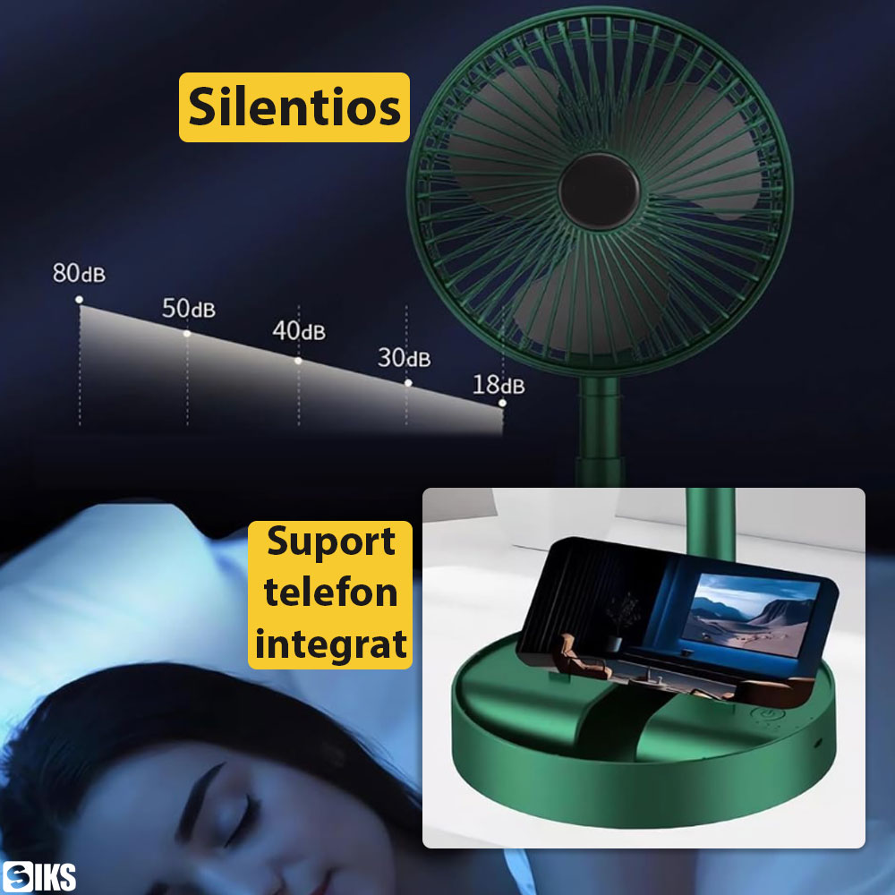 Ventilator Portabil SIKS De Birou Cu 3 Viteze, Pliabil, Inaltime Reglabila, Reglabil 180 Grade, Cu Suport Telefon, Incarcare USB, Motor Brushless, Silentios, Pentru Casa, Camping, Acumulator 4500 mAh, Verde