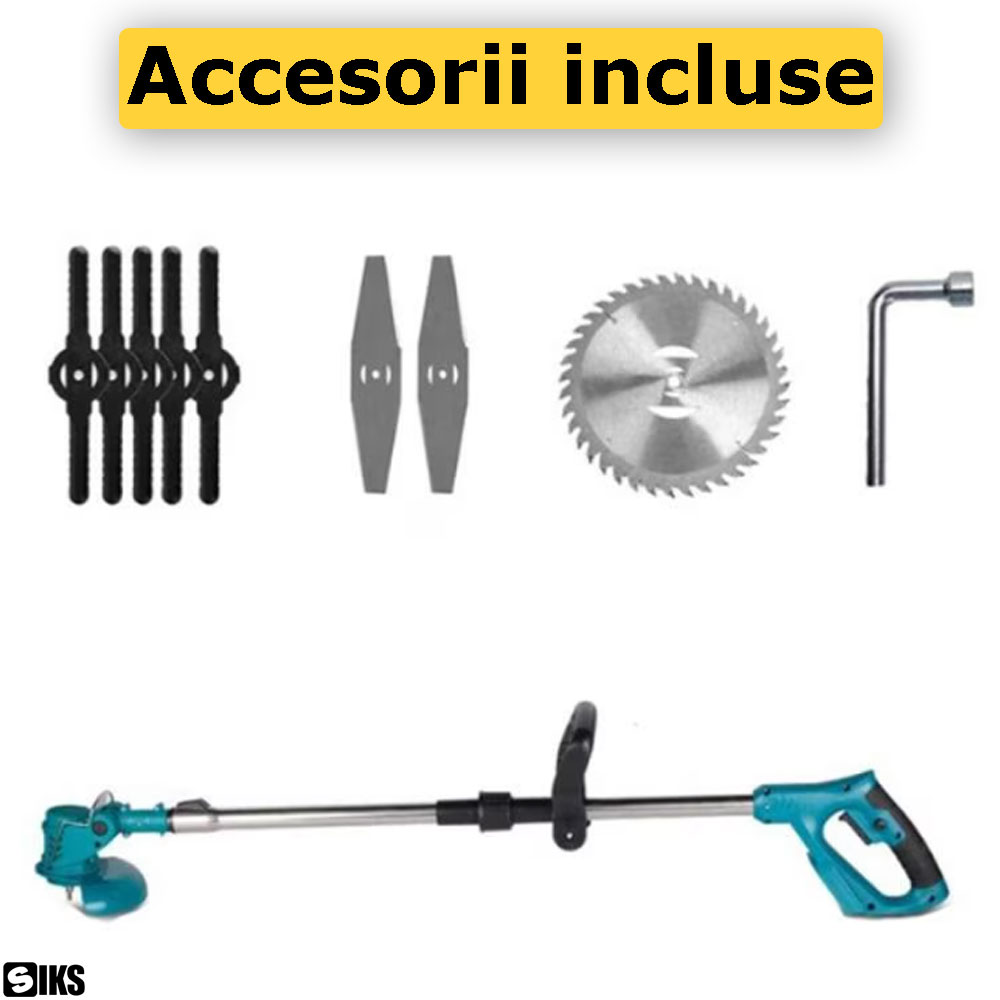 Accesoriile incluse in pachetul motocoasei electrice albastre SIKS