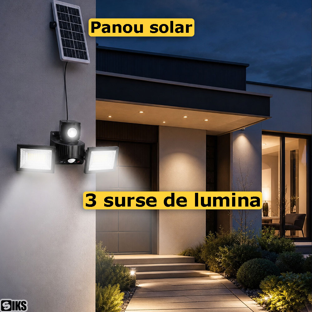 Cele 3 surse de lumina si alimentarea prin panou solar a proiectorului led SIKS