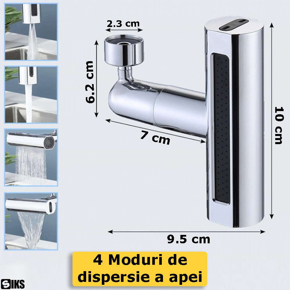 Adaptor Robinet Tip Duza Cu Rotire 360° SIKS, Compatibil Cu Robineti Universali Pentru Baie/Bucatarie, 4 Moduri De Dispersie A Apei, Instalare Usoara, Accesorii Incluse, Argintiu