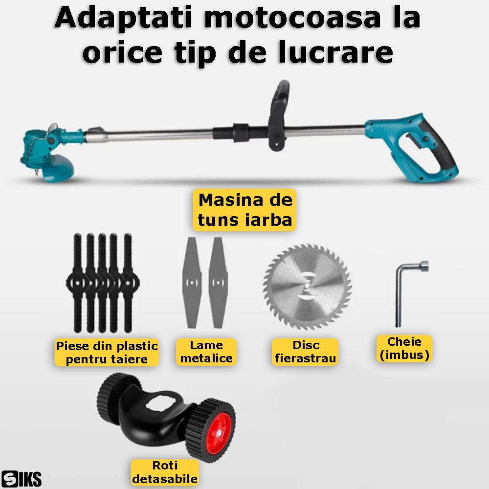 Accesoriile incluse in pachetul motocoasei pliabile SIKS, albastre