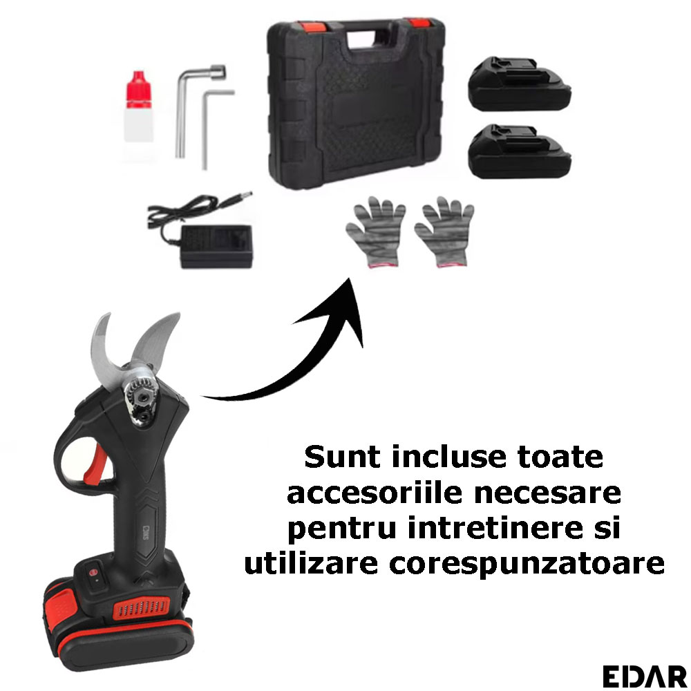 Foarfeca de gradina electrica EDAR si accesorii, vedere pe fundal alb