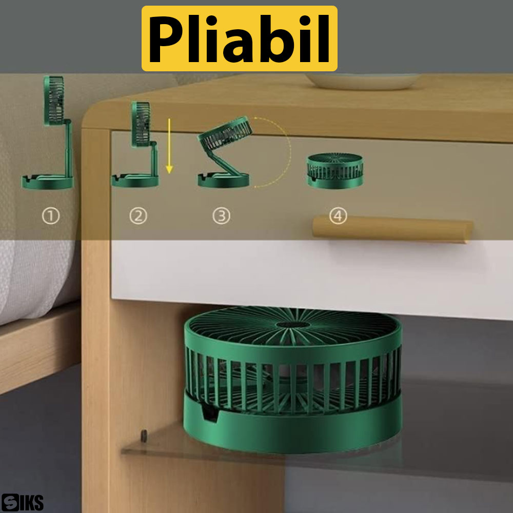 Ventilator Portabil SIKS De Birou Cu 3 Viteze, Pliabil, Inaltime Reglabila, Reglabil 180 Grade, Cu Suport Telefon, Incarcare USB, Motor Brushless, Silentios, Pentru Casa, Camping, Acumulator 4500 mAh, Verde